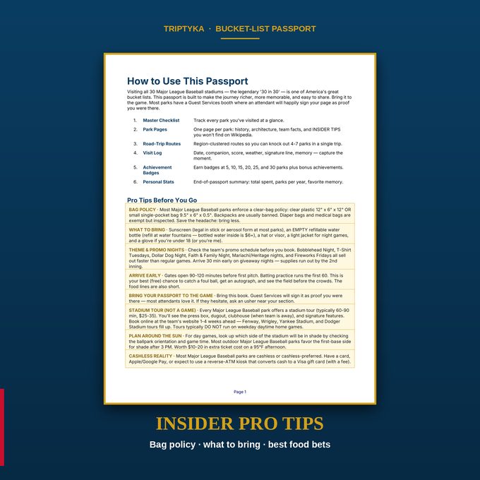 Sample page: insider pro tips — bag policy, what to bring, best food